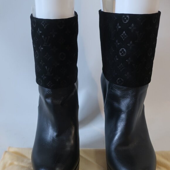 Authentic Louis Vuitton Blk Leather LV Logo Suede Art Deco Heel Boot 37.5 US/7.5 - Picture 4 of 16